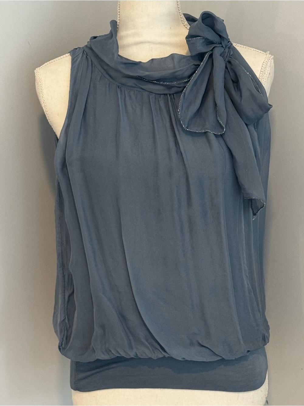 Made in Italy Denim Blue Silk Neck Tie Blouse